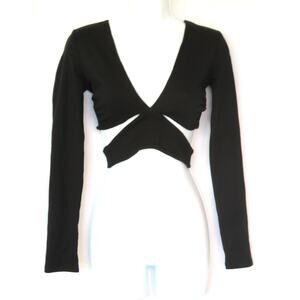 New ZARA Black Stretchy Long Sleeve V Neck Crop Top w/ Side Cutout Women Sz M